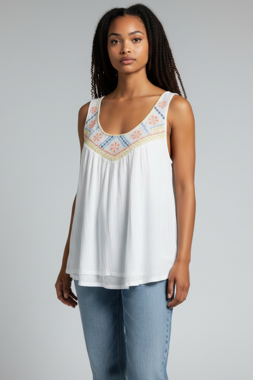 Lucky Brand Women's Embroidered Textured Lightweight Cotton Tank Top